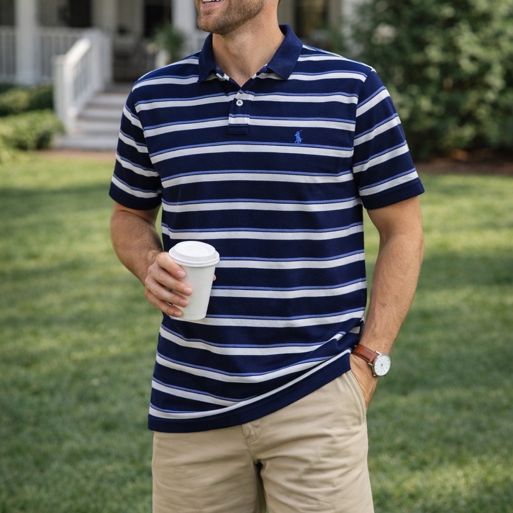 Polo Ralph Lauren Navy and Light Blue with White Stripe Polo Shirt Men’s Size L